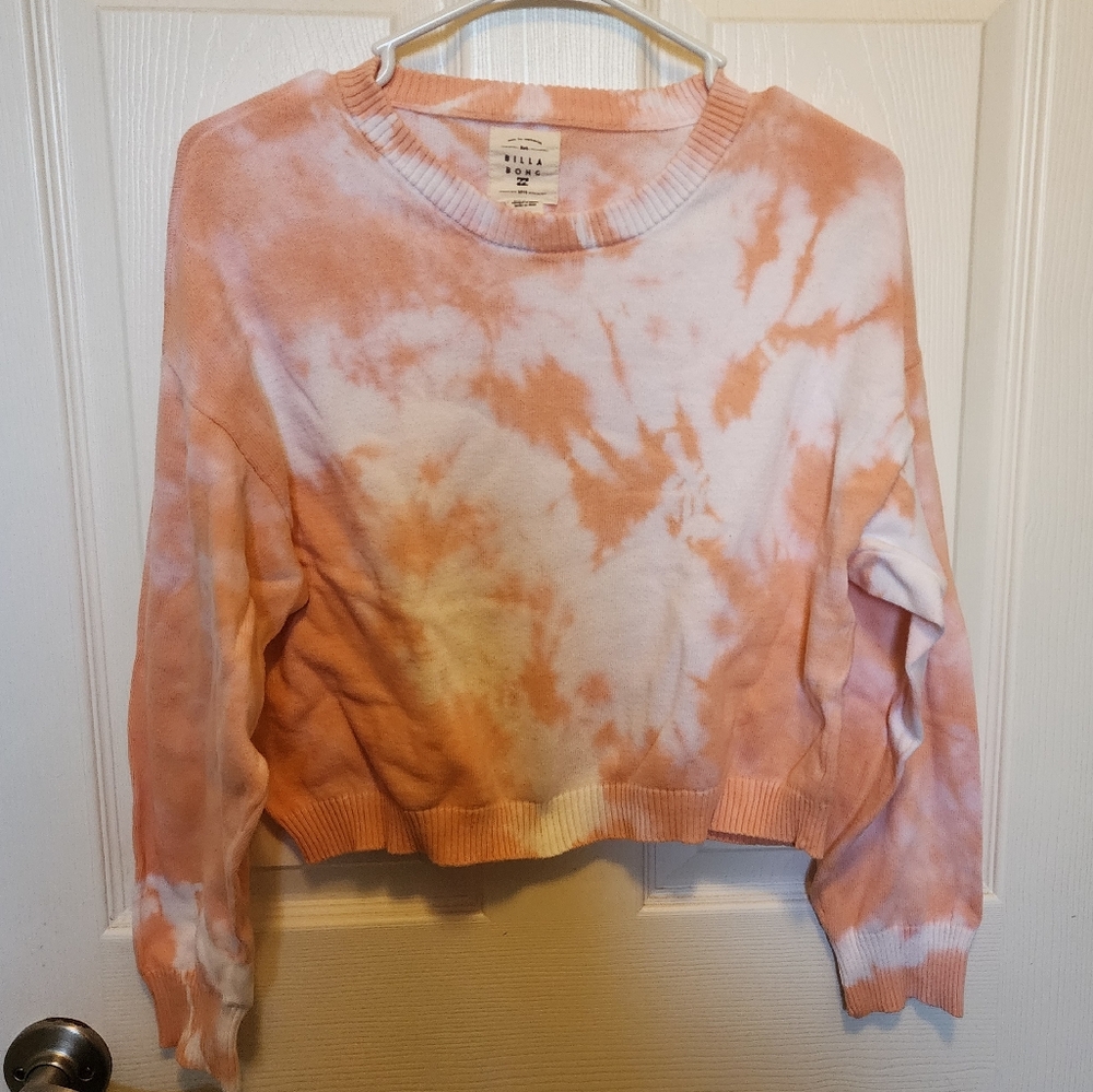Billabong Orange and White Tie-Dye Crew Neck Sweater